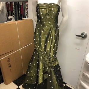 Moss green and white polka dotted taffeta dress